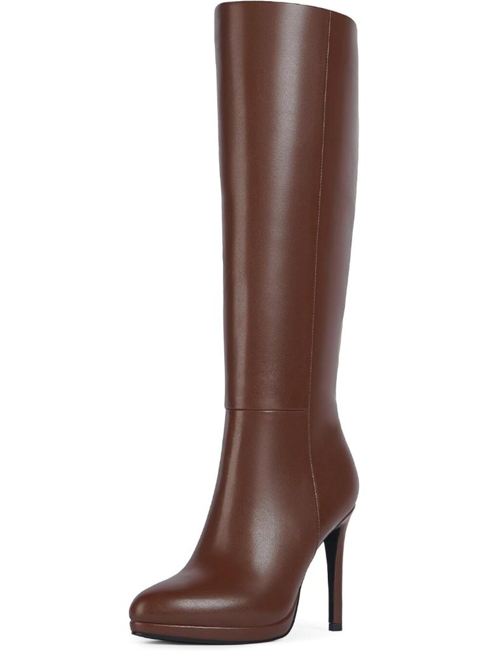 Women's Brown Pu2 Round Toe Stiletto Heels Fall Tall Platforms Boots Side Zipper